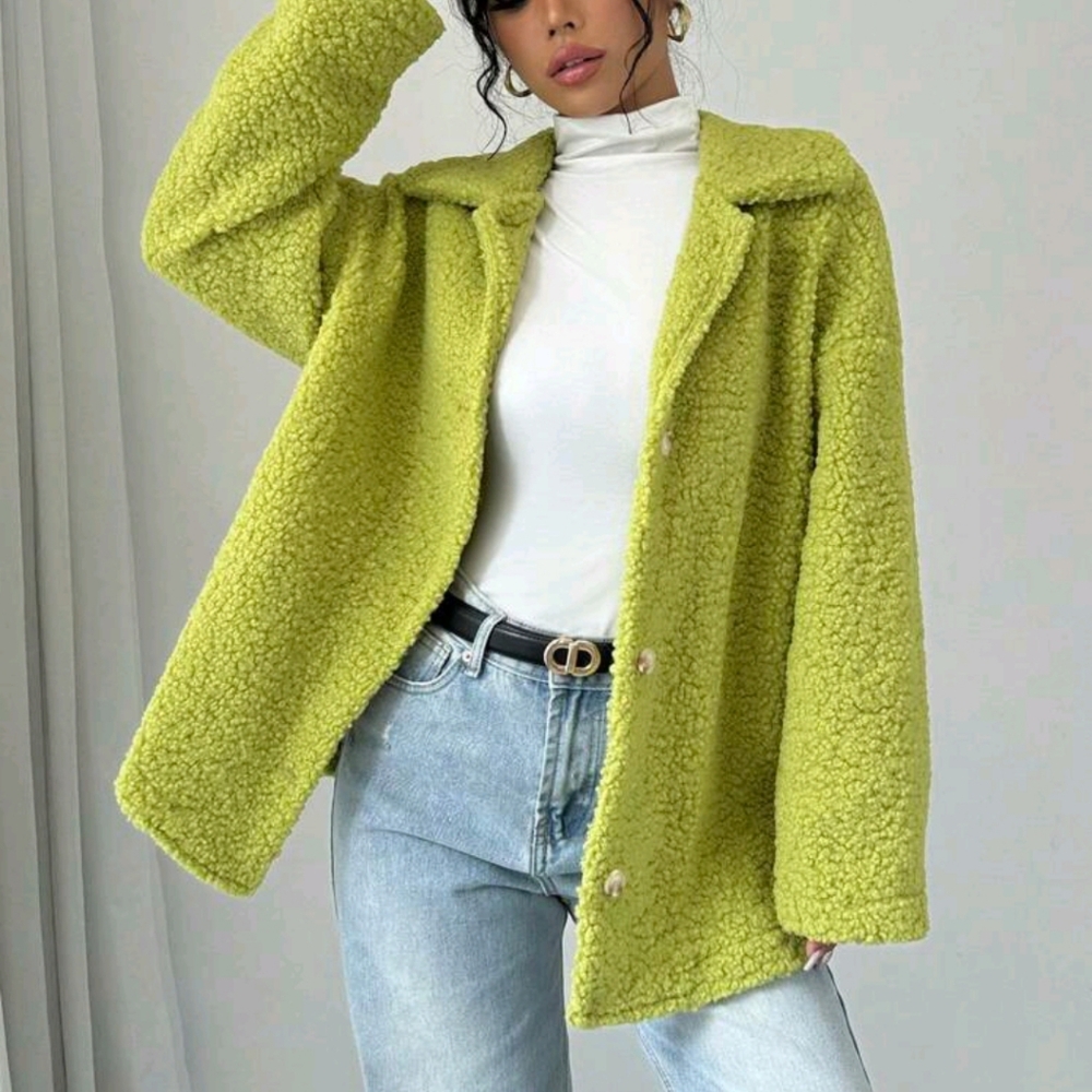 Solid Color Front Button Long Sleeve Casual Sherpa Collar Jacket Fall/ Winter - Picture 5 of 6